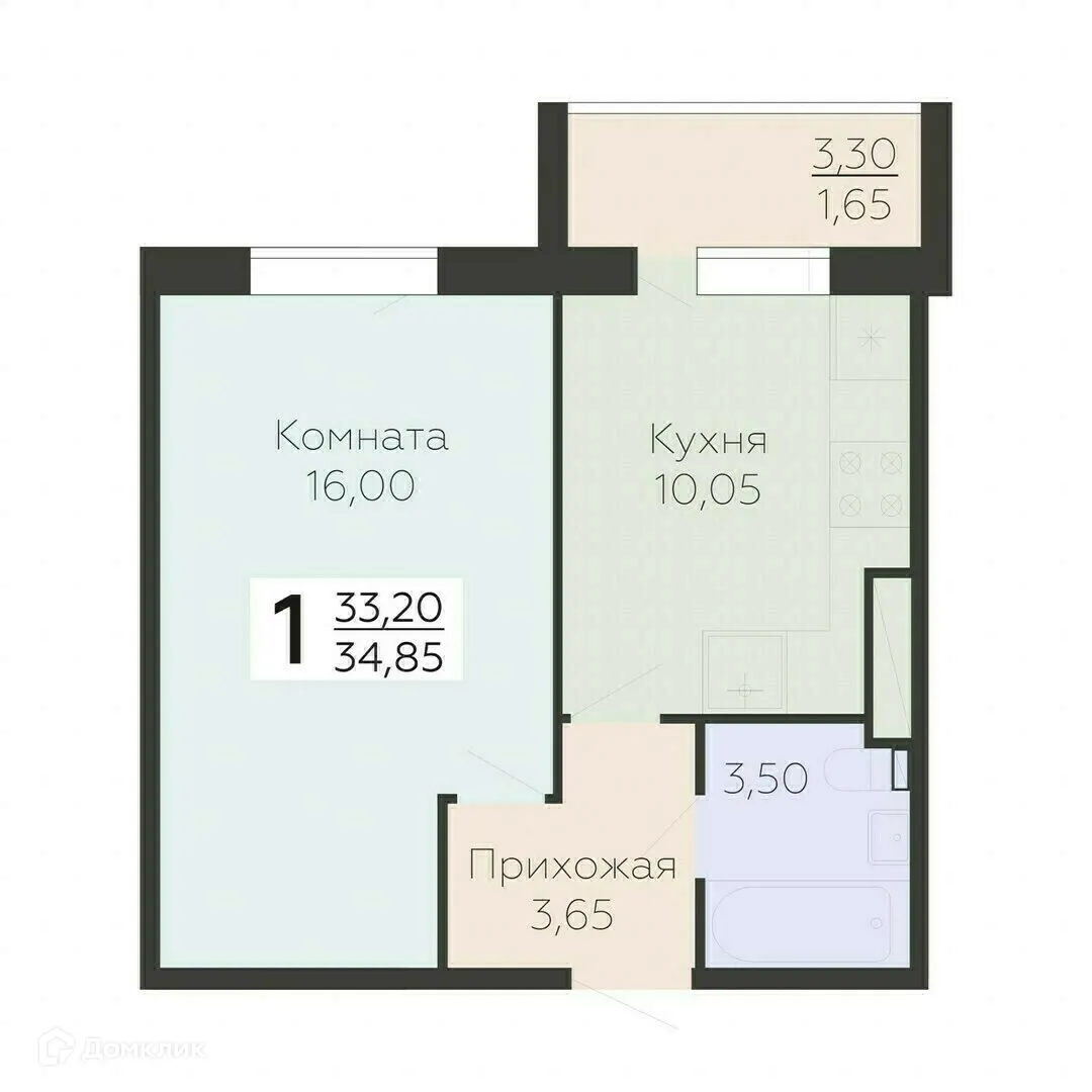 Планировка 1-комнатной квартиры 34.85 м² в ЖК Ленский, г. Всеволожск — фото 1
