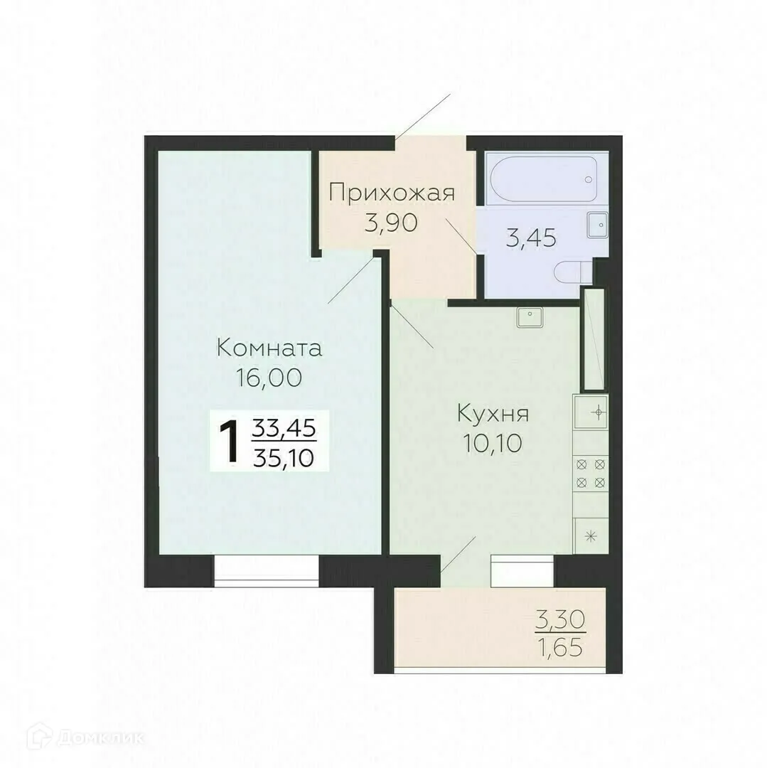 Планировка 1-комнатной квартиры 35.1 м² в ЖК Ленский, г. Всеволожск — фото 1