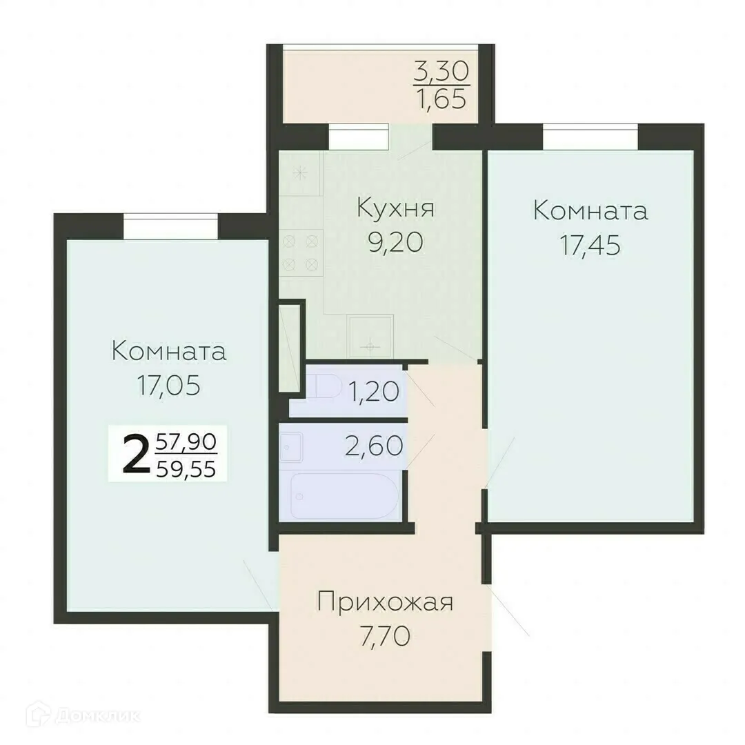 Планировка 2-комнатной квартиры 59.55 м² в ЖК Ленский, г. Всеволожск — фото 1