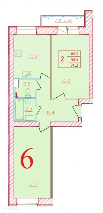 Планировка 2 комн. в ЖК Новый мир