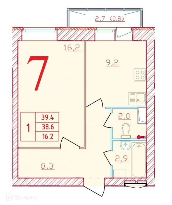 Планировка 1-комнатной квартиры 39.4 м² в ЖК Новый мир, г. Всеволожск — фото 1