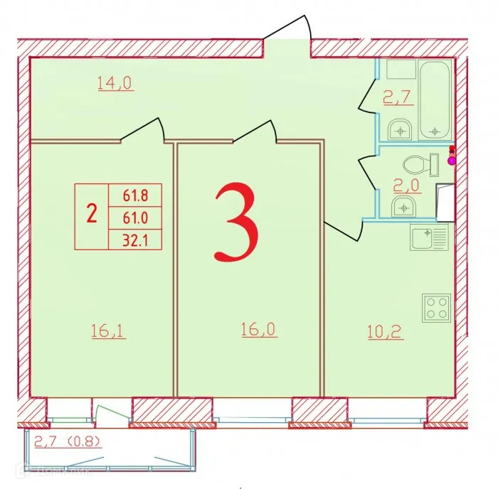 Планировка 2-комнатной квартиры 61.8 м² в ЖК Новый мир, г. Всеволожск — фото 1
