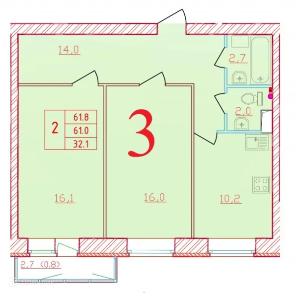 Планировка 2 комн. в ЖК Новый мир