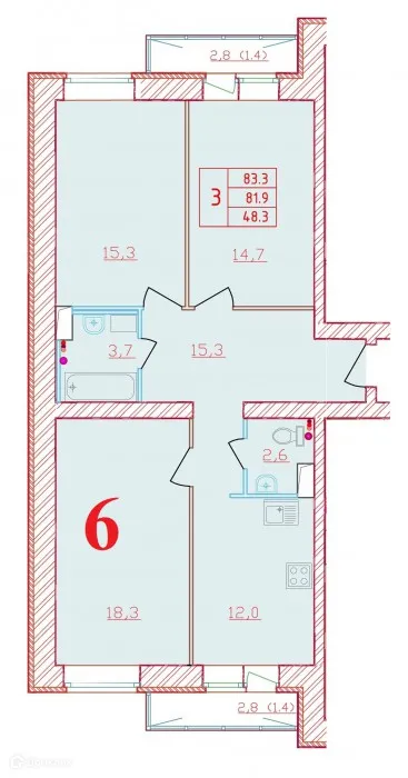 Планировка 3-комнатной квартиры 83.3 м² в ЖК Новый мир, г. Всеволожск — фото 1