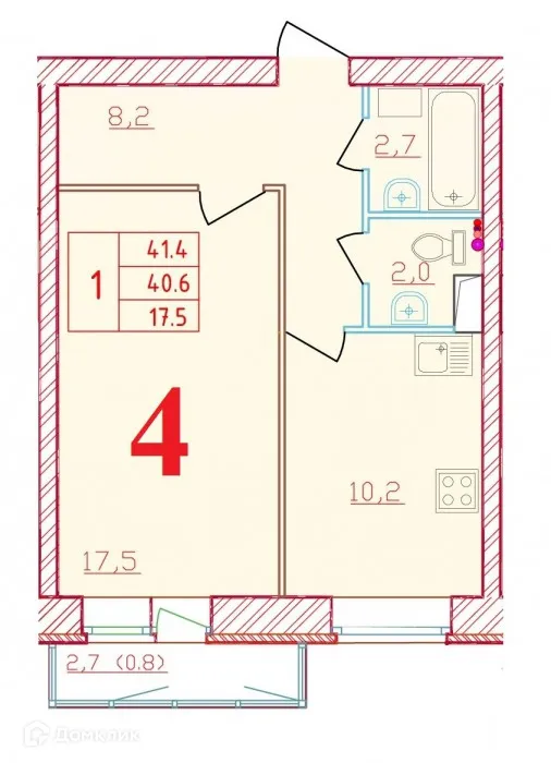 Планировка 1-комнатной квартиры 41.4 м² в ЖК Новый мир, г. Всеволожск — фото 1