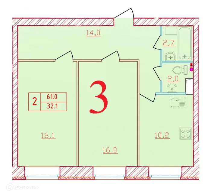 Планировка 2-комнатной квартиры 61 м² в ЖК Новый мир, г. Всеволожск — фото 1