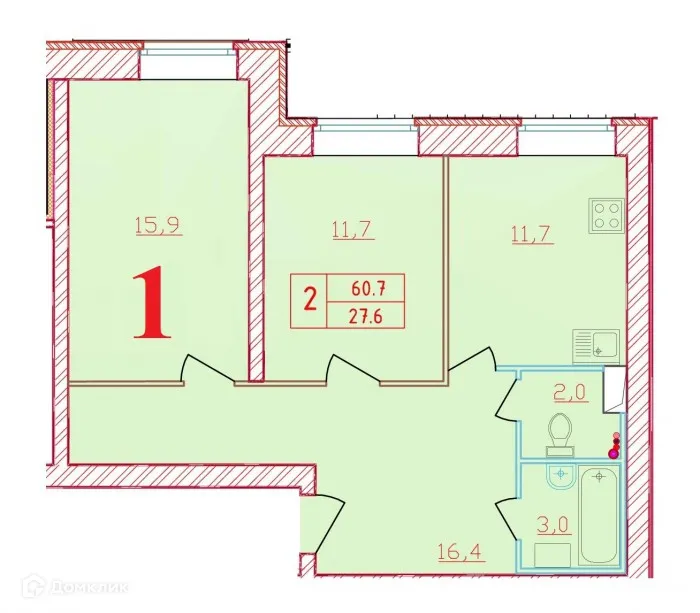 Планировка 2-комнатной квартиры 60.6 м² в ЖК Новый мир, г. Всеволожск — фото 1