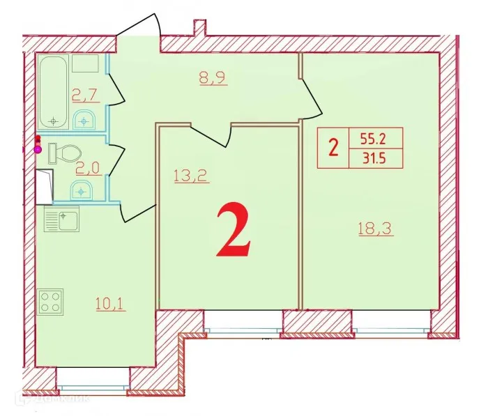 Планировка 2-комнатной квартиры 55.2 м² в ЖК Новый мир, г. Всеволожск — фото 1