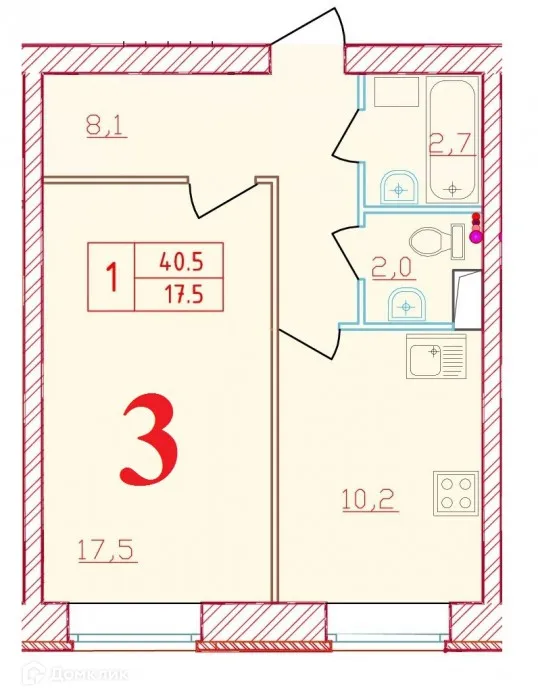 Планировка 1-комнатной квартиры 40.5 м² в ЖК Новый мир, г. Всеволожск — фото 1