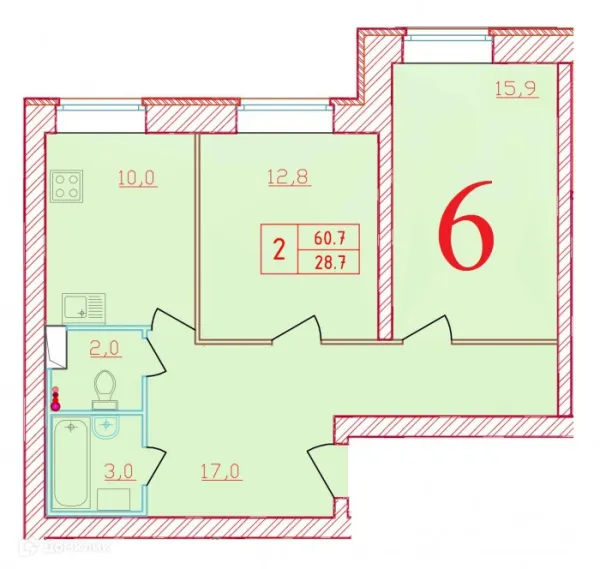 Планировка 2 комн. в ЖК Новый мир