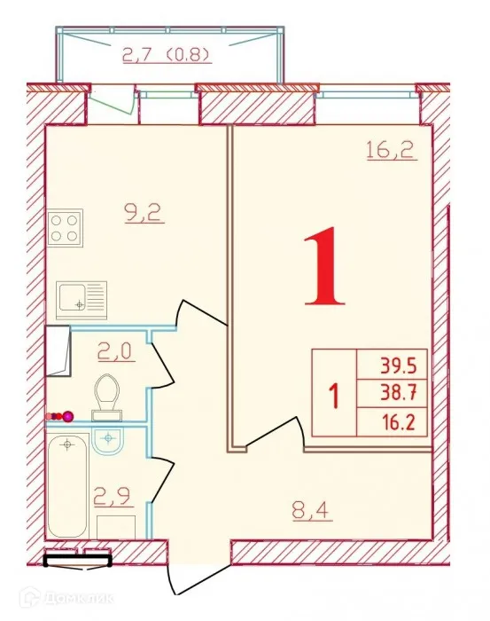 Планировка 1-комнатной квартиры 39.5 м² в ЖК Новый мир, г. Всеволожск — фото 1