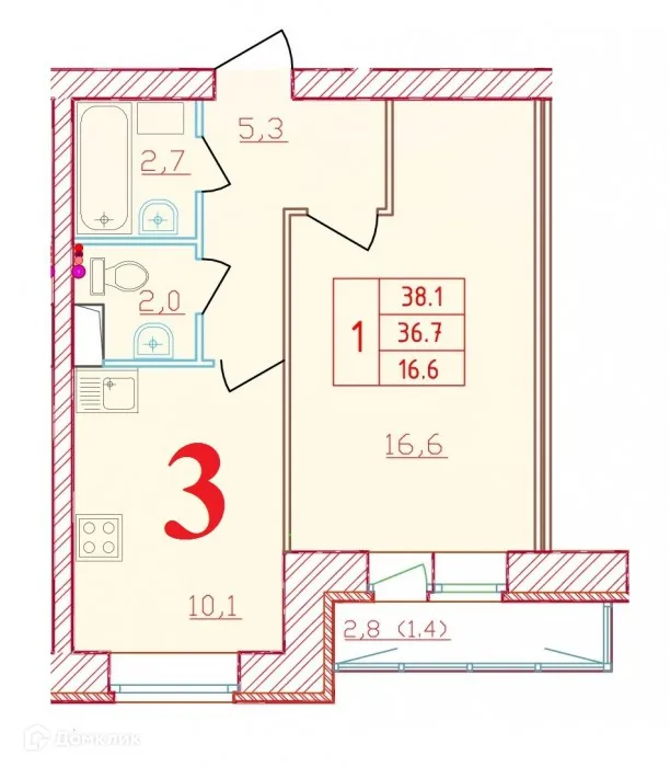 Планировка 1-комнатной квартиры 38.1 м² в ЖК Новый мир, г. Всеволожск — фото 1