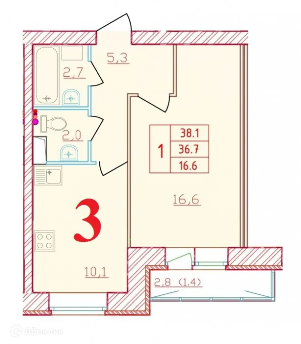 Планировка 1 комн. в ЖК Новый мир