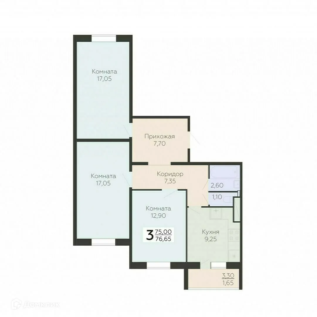 Планировка 3-комнатной квартиры 76.65 м² в ЖК Ленский, г. Всеволожск — фото 1