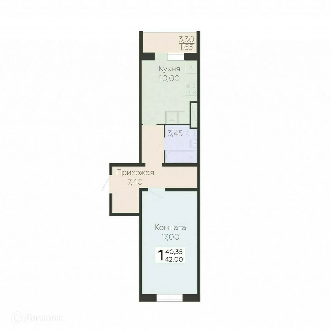 Планировка 1-комнатной квартиры 42 м² в ЖК Ленский, г. Всеволожск — фото 1