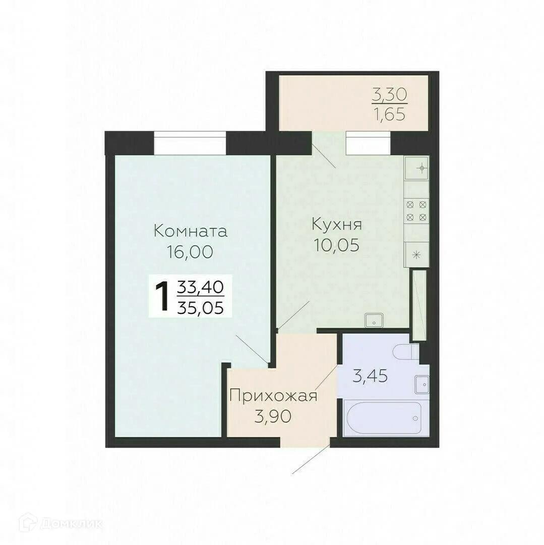Планировка 1-комнатной квартиры 35.05 м² в ЖК Ленский, г. Всеволожск — фото 1