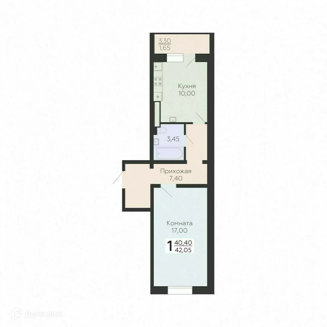 Планировка 1-комнатной квартиры 42.05 м² в ЖК Ленский, г. Всеволожск — фото 1