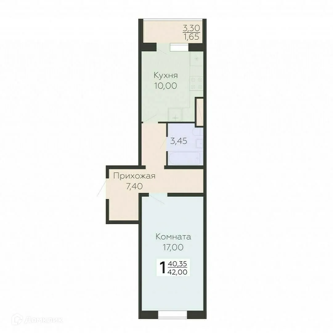 Планировка 1-комнатной квартиры 42 м² в ЖК Ленский, г. Всеволожск — фото 1