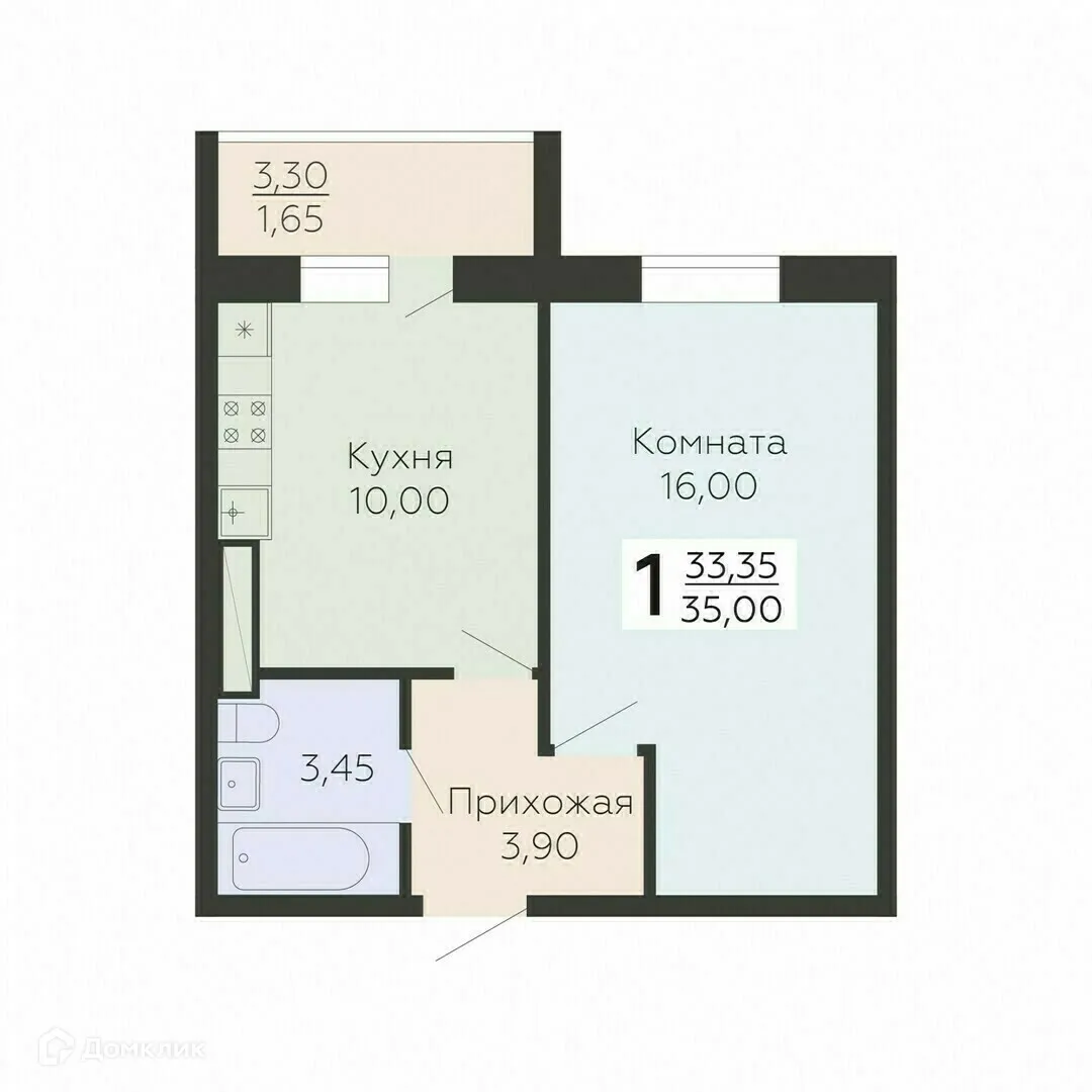 Планировка 1-комнатной квартиры 35 м² в ЖК Ленский, г. Всеволожск — фото 1