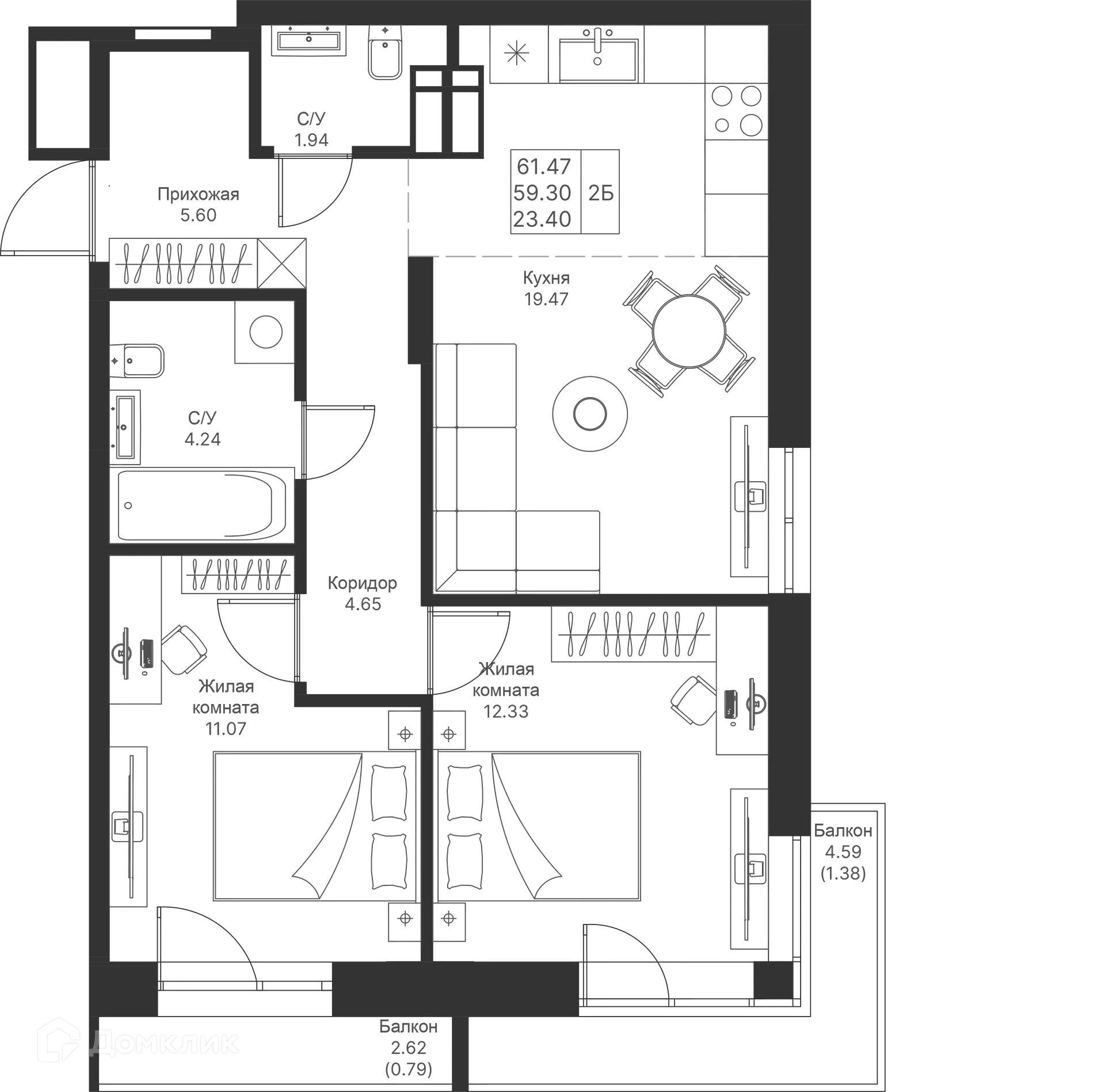 Планировка 2-комнатной квартиры 61.47 м² в ЖК Мой Ритм, г. Казань — фото 1