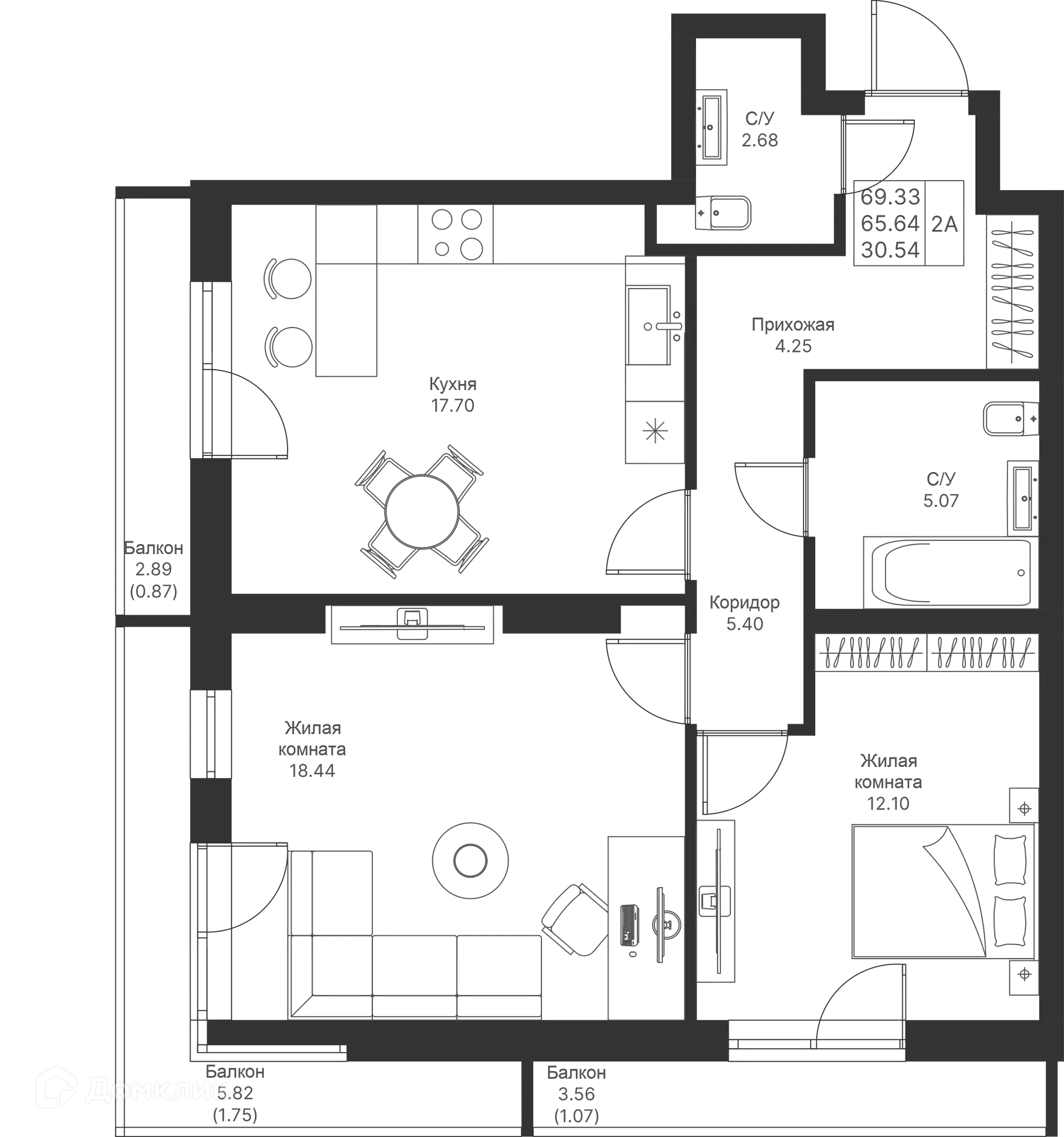 Планировка 2-комнатной квартиры 69.33 м² в ЖК Мой Ритм, г. Казань — фото 1