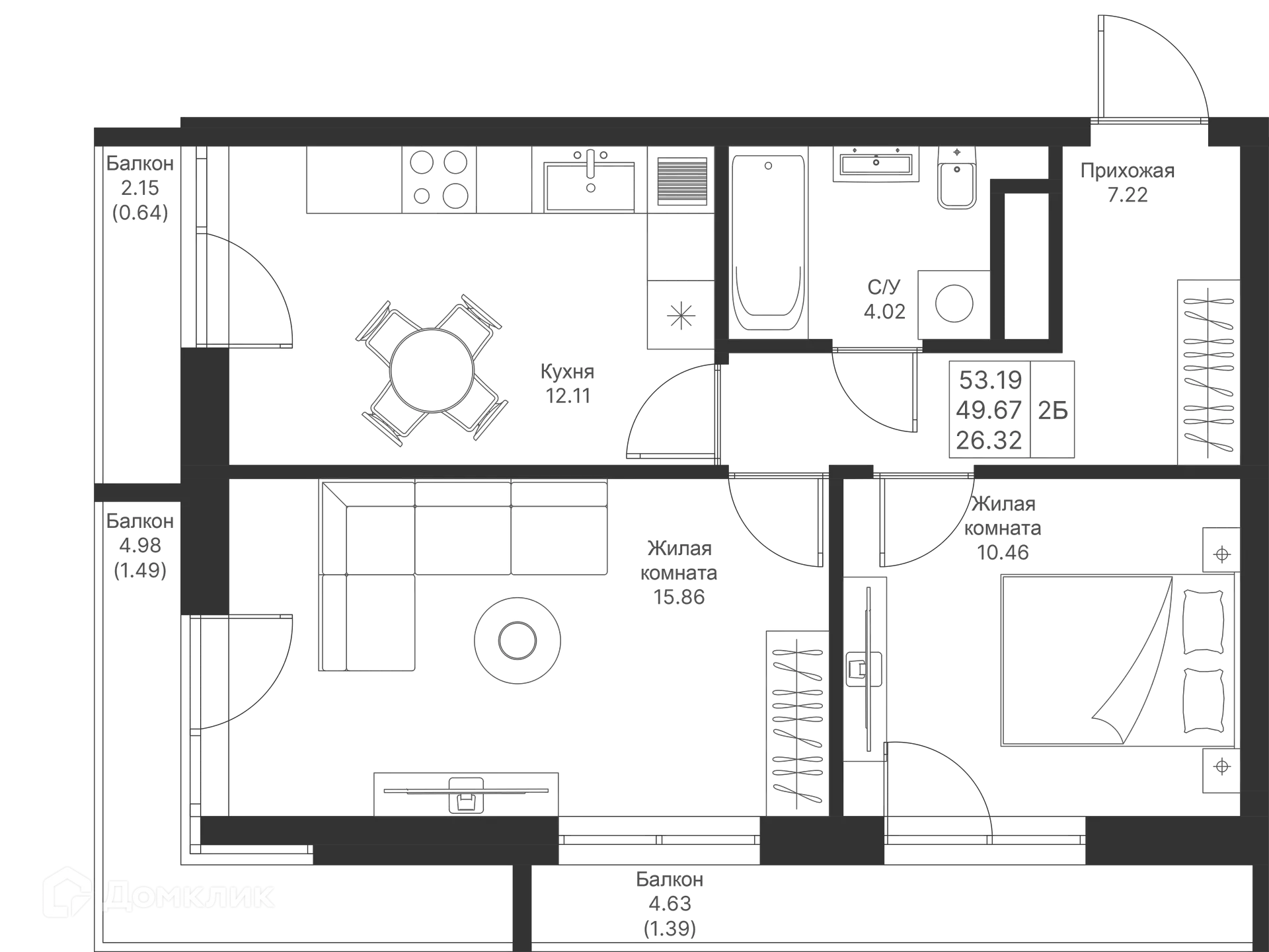 Планировка 2-комнатной квартиры 53.19 м² в ЖК Мой Ритм, г. Казань — фото 1