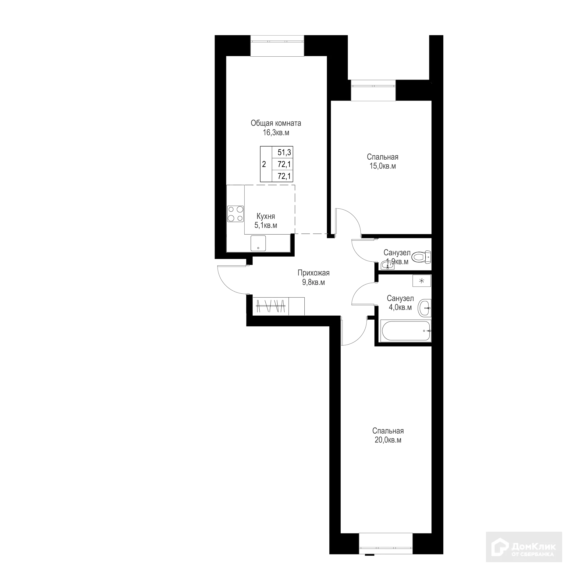 Планировка 2-комнатной квартиры 72.1 м² в ЖК "Ривьера life" (Ривьера Лайф), г. Альметьевск — фото 1