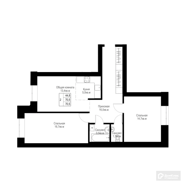 Планировка 2 комн. в ЖК "Ривьера life" (Ривьера Лайф)
