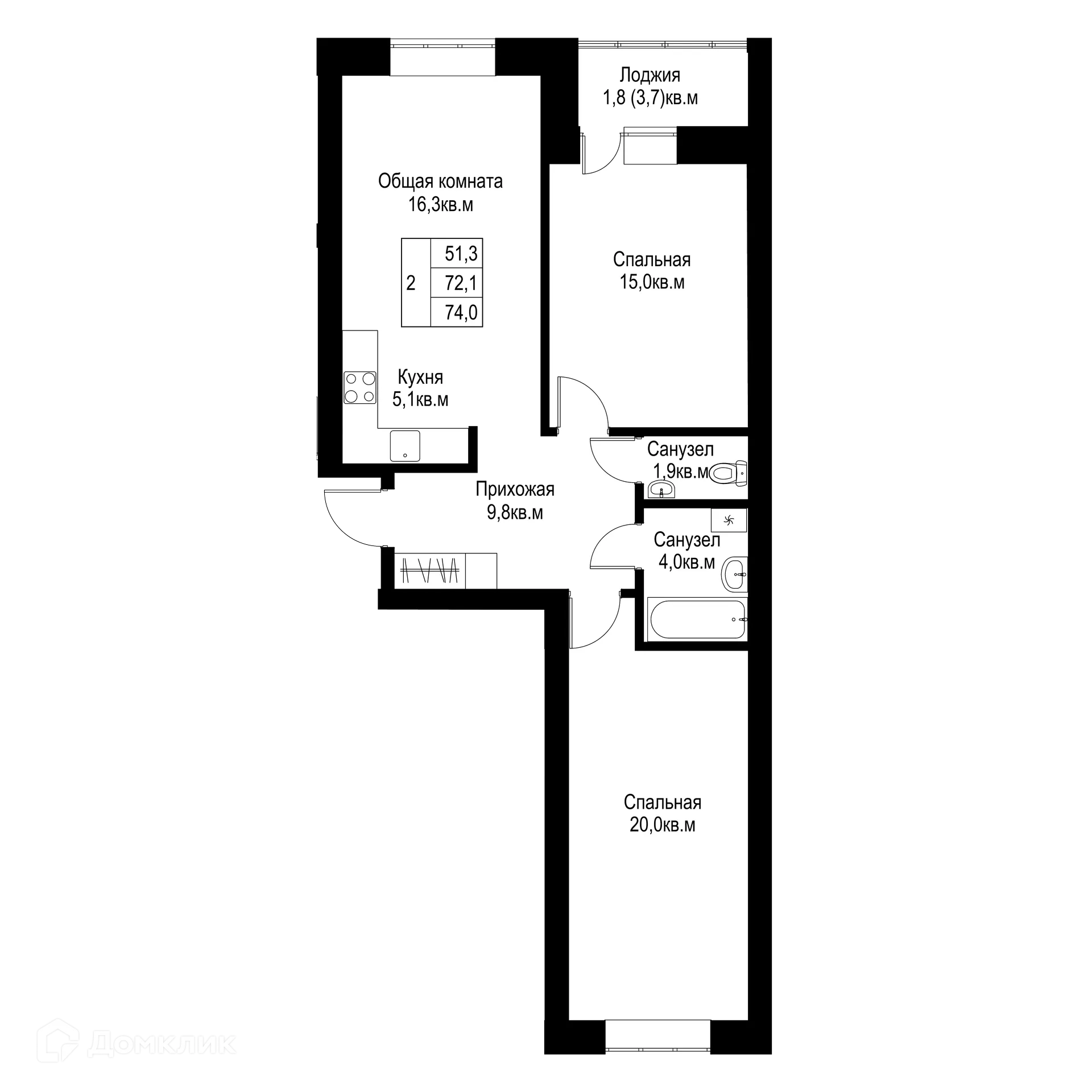 Планировка 2-комнатной квартиры 74 м² в ЖК "Ривьера life" (Ривьера Лайф), г. Альметьевск — фото 1