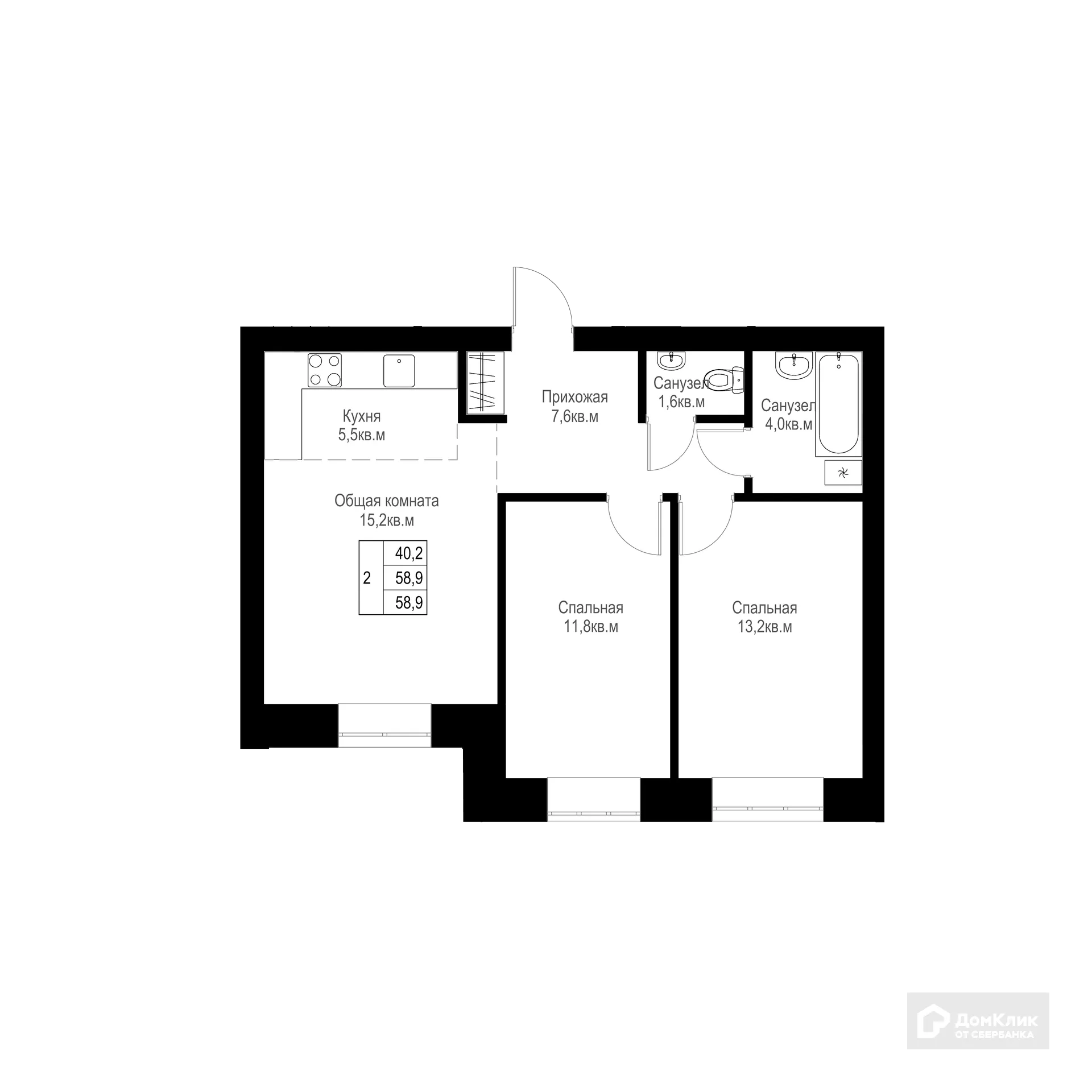 Планировка 2-комнатной квартиры 58.9 м² в ЖК "Ривьера life" (Ривьера Лайф), г. Альметьевск — фото 1