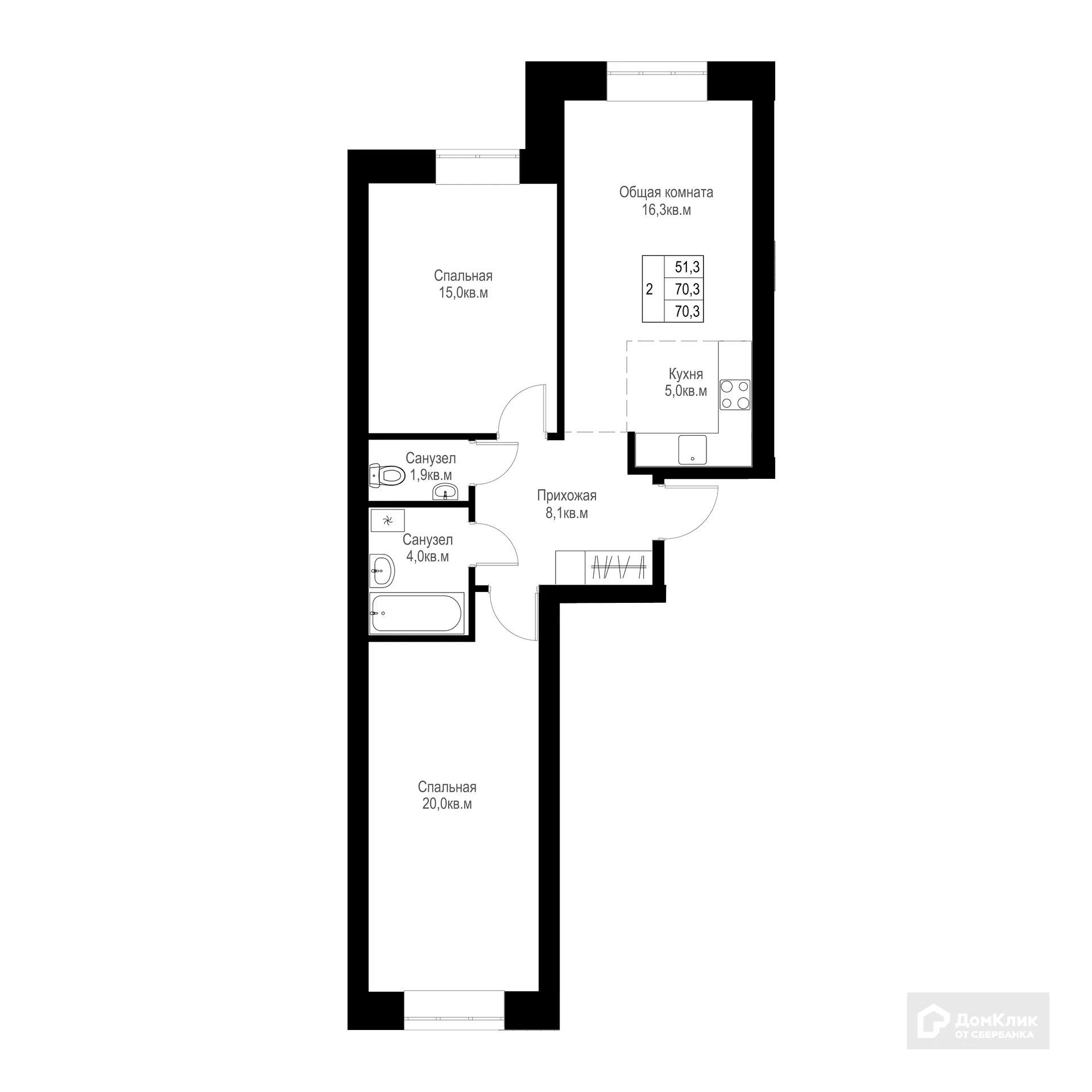 Планировка 2-комнатной квартиры 70.3 м² в ЖК "Ривьера life" (Ривьера Лайф), г. Альметьевск — фото 1