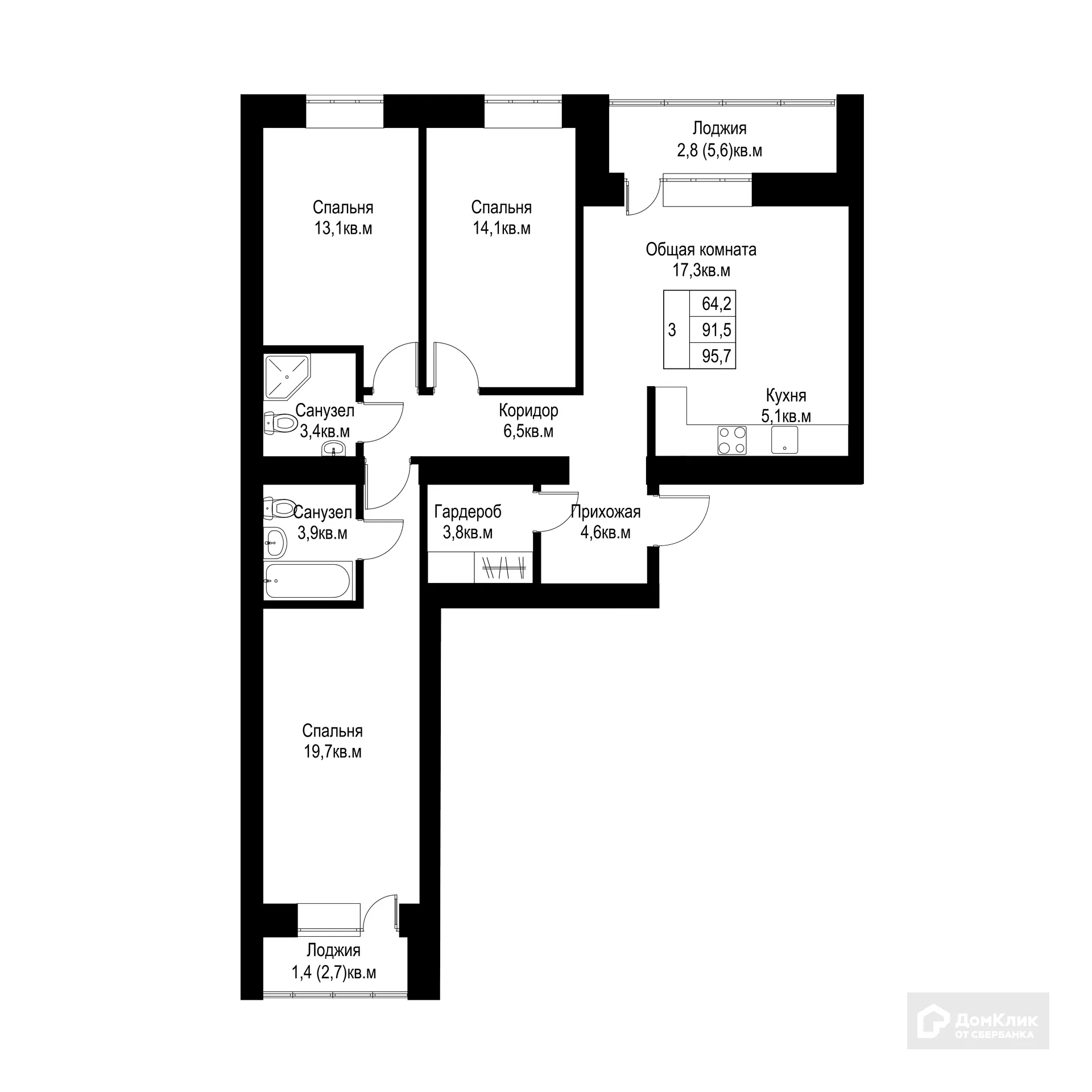 Планировка 3-комнатной квартиры 95.7 м² в ЖК "Ривьера life" (Ривьера Лайф), г. Альметьевск — фото 1