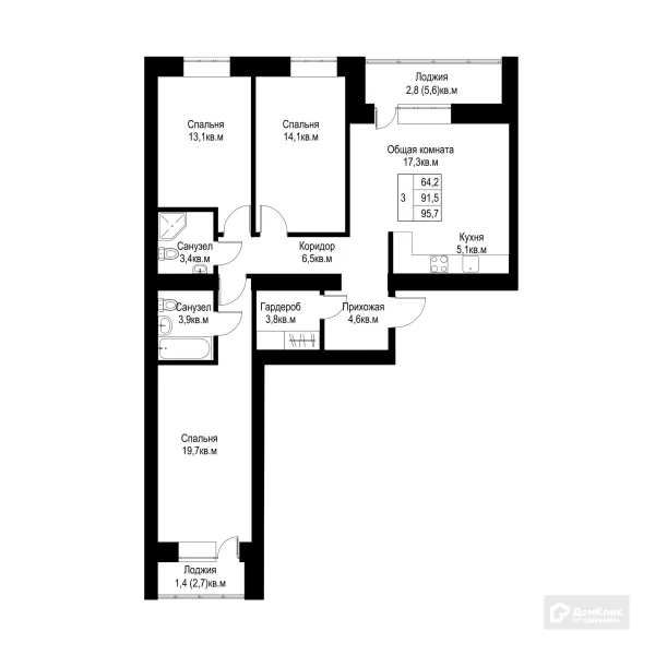 Планировка 3 комн. в ЖК "Ривьера life" (Ривьера Лайф)
