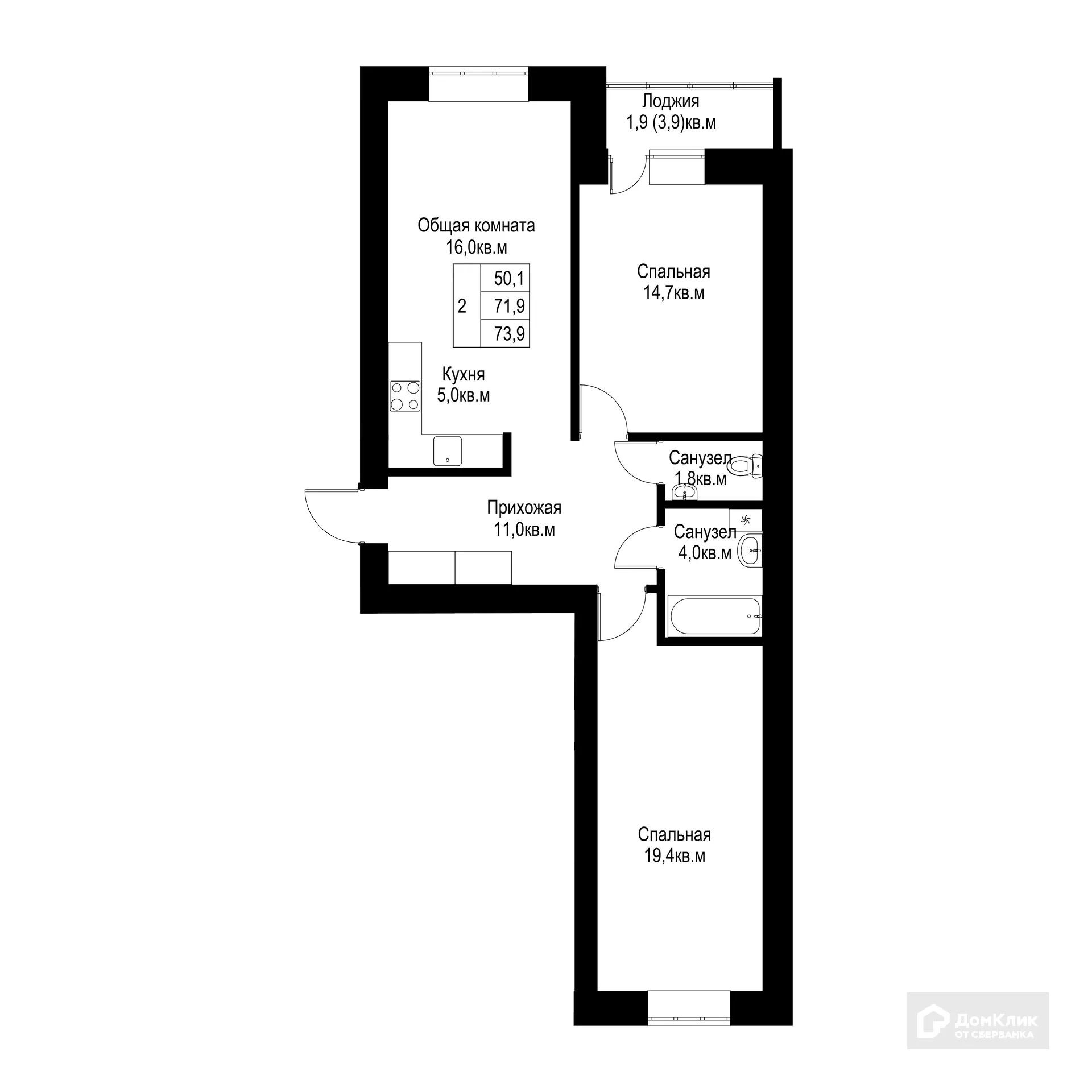 Планировка 2-комнатной квартиры 73.9 м² в ЖК "Ривьера life" (Ривьера Лайф), г. Альметьевск — фото 1