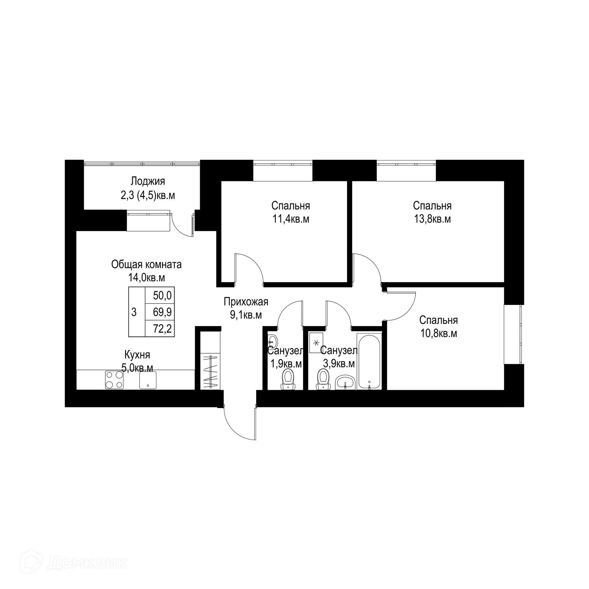 Планировка 3-комнатной квартиры 72.2 м² в ЖК "Ривьера life" (Ривьера Лайф), г. Альметьевск — фото 1