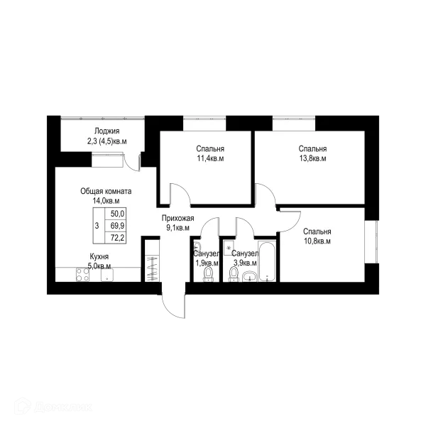 Планировка 3 комн. в ЖК "Ривьера life" (Ривьера Лайф)