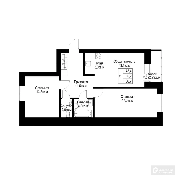 Планировка 2 комн. в ЖК "Ривьера life" (Ривьера Лайф)