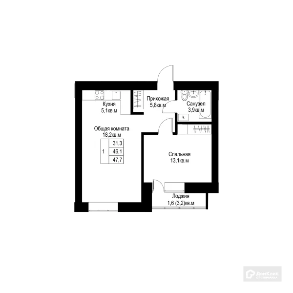 Планировка 1 комн. в ЖК "Ривьера life" (Ривьера Лайф)