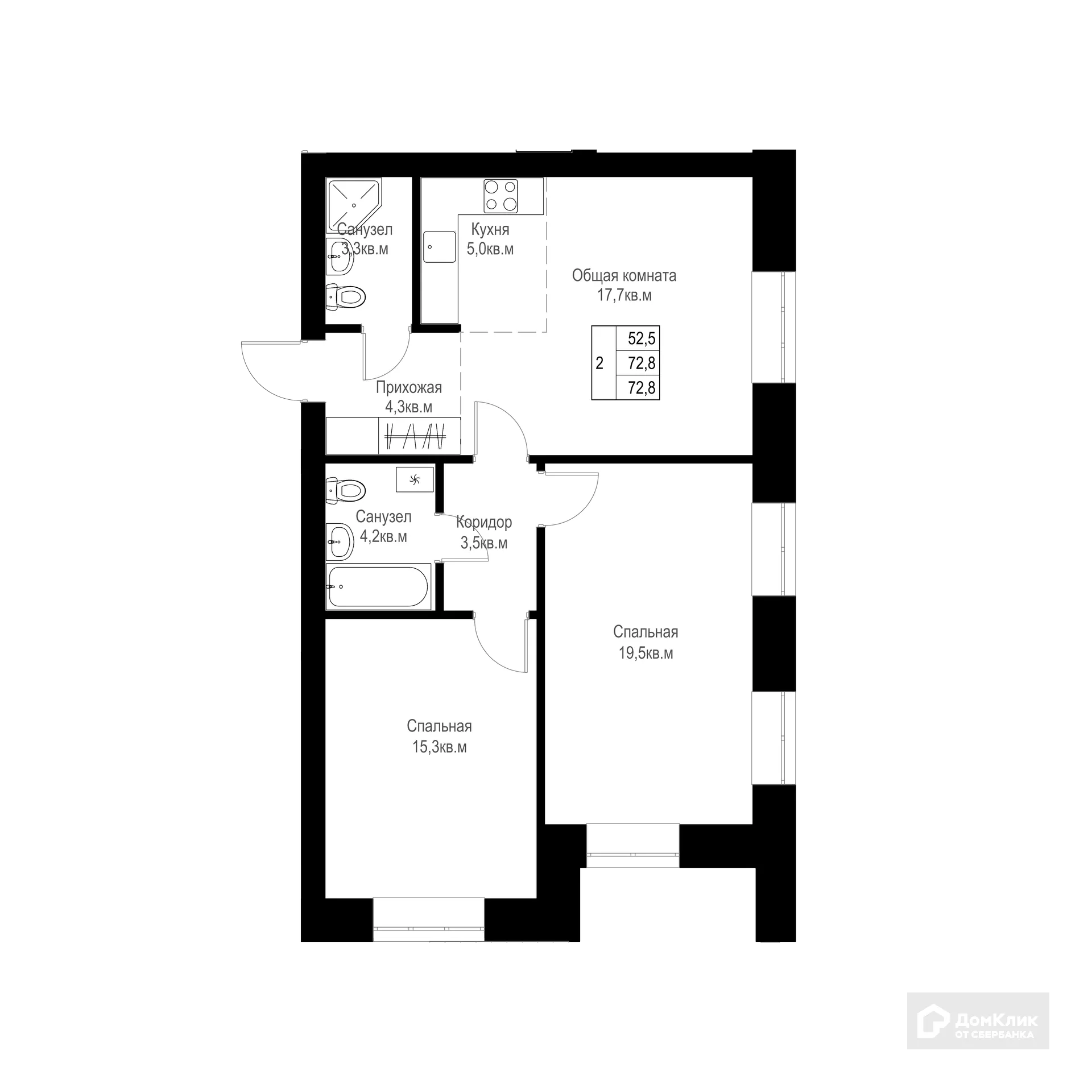 Планировка 2-комнатной квартиры 72.8 м² в ЖК "Ривьера life" (Ривьера Лайф), г. Альметьевск — фото 1