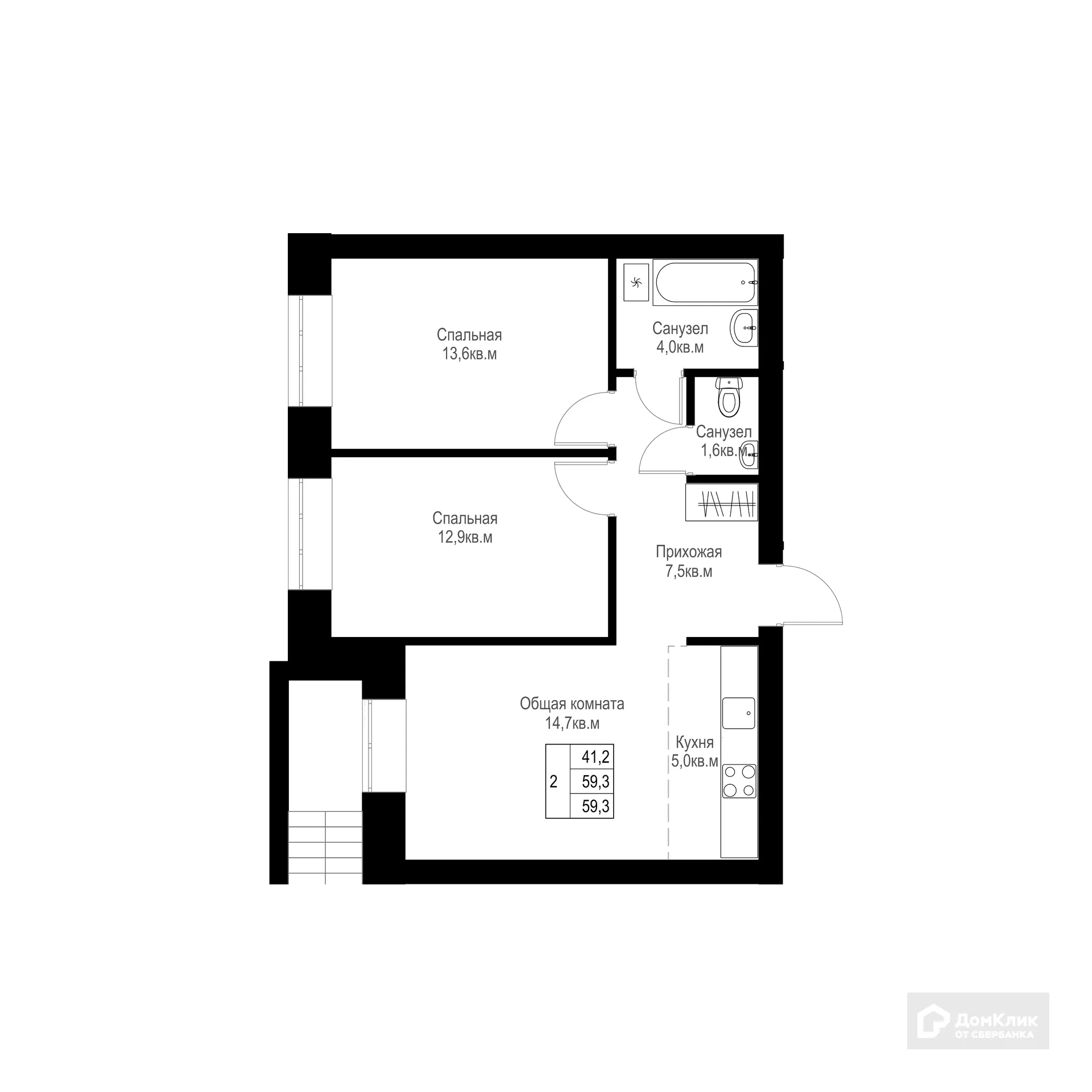 Планировка 2-комнатной квартиры 59.3 м² в ЖК "Ривьера life" (Ривьера Лайф), г. Альметьевск — фото 1