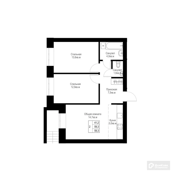 Планировка 2 комн. в ЖК "Ривьера life" (Ривьера Лайф)