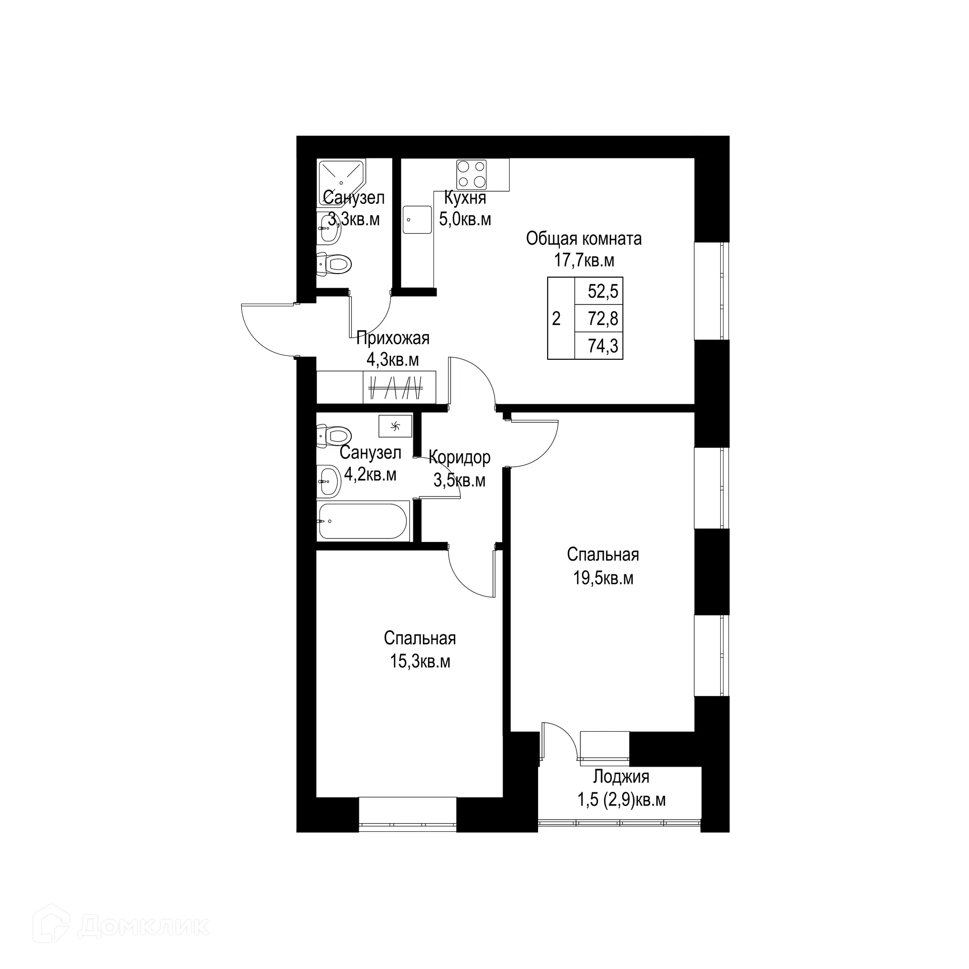 Планировка 2-комнатной квартиры 74.3 м² в ЖК "Ривьера life" (Ривьера Лайф), г. Альметьевск — фото 1