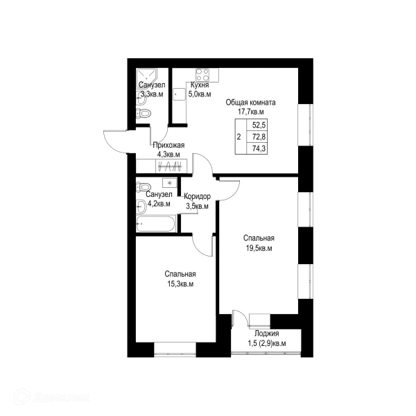Планировка 2 комн. в ЖК "Ривьера life" (Ривьера Лайф)