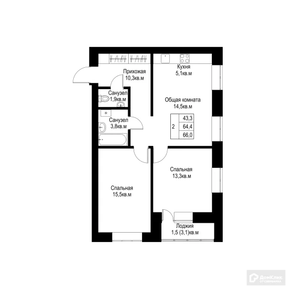 Планировка 2 комн. в ЖК "Ривьера life" (Ривьера Лайф)