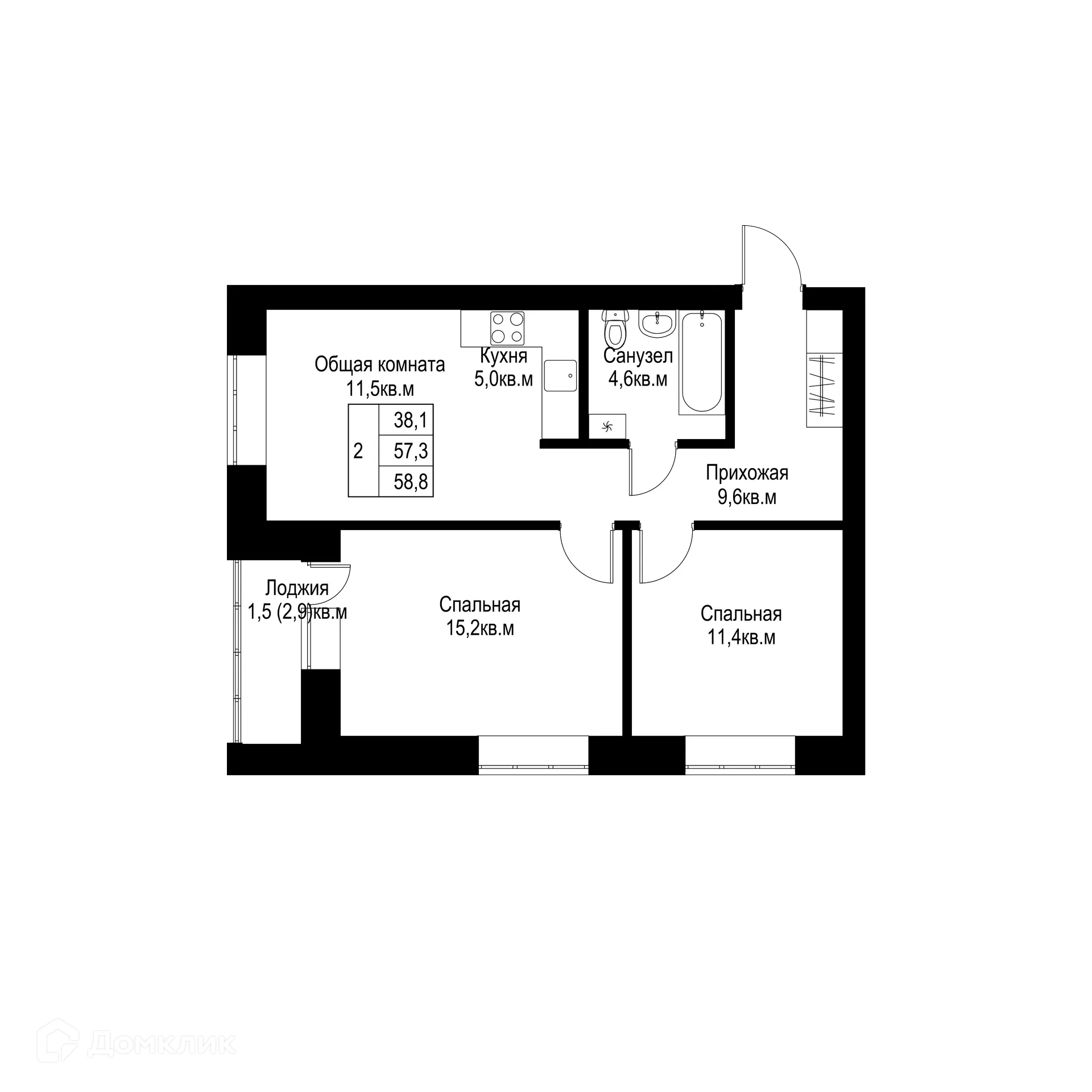 Планировка 2-комнатной квартиры 58.8 м² в ЖК "Ривьера life" (Ривьера Лайф), г. Альметьевск — фото 1