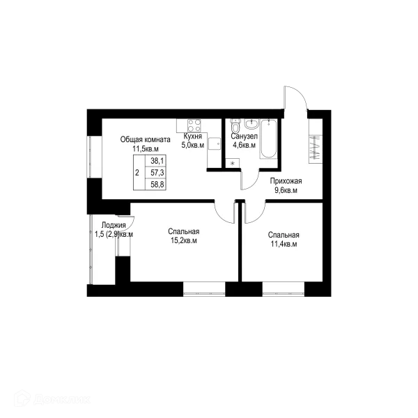 Планировка 2 комн. в ЖК "Ривьера life" (Ривьера Лайф)