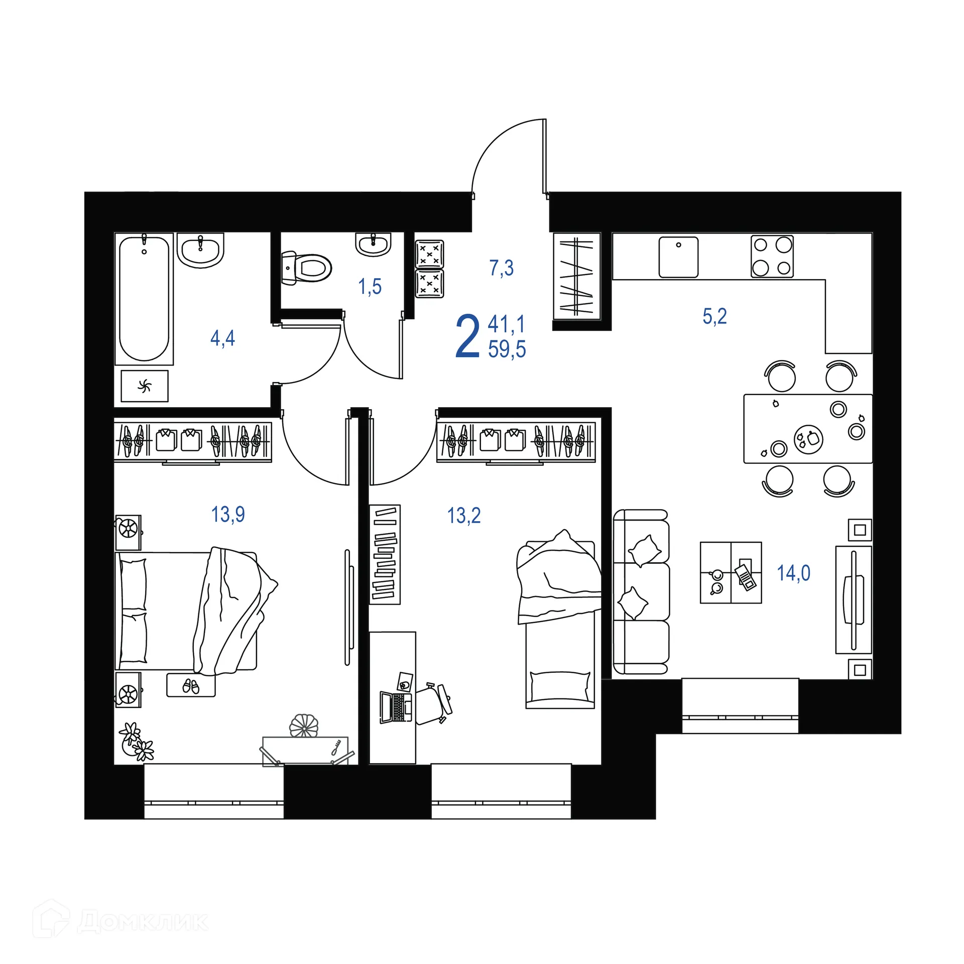 Планировка 2-комнатной квартиры 59.5 м² в ЖК "Ривьера life" (Ривьера Лайф), г. Альметьевск — фото 1
