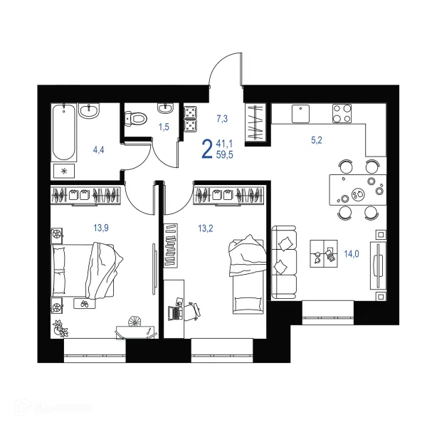 Планировка 2 комн. в ЖК "Ривьера life" (Ривьера Лайф)