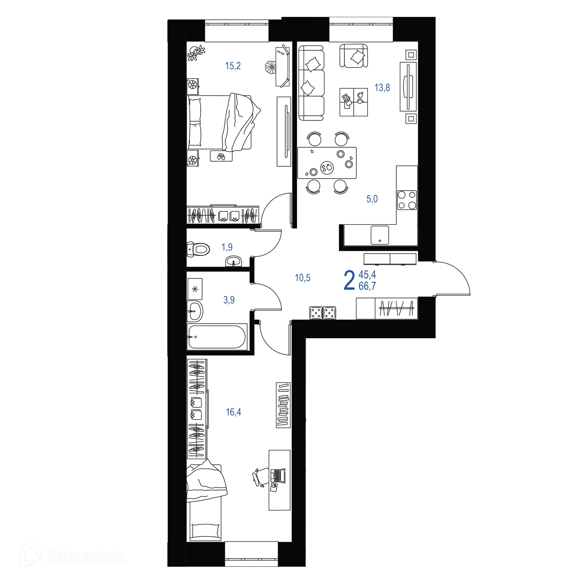 Планировка 2-комнатной квартиры 66.7 м² в ЖК "Ривьера life" (Ривьера Лайф), г. Альметьевск — фото 1