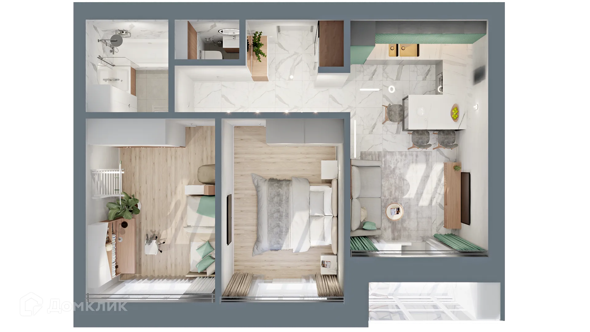 Планировка 2-комнатной квартиры 60.9 м² в ЖК "Ривьера life" (Ривьера Лайф), г. Альметьевск — фото 1